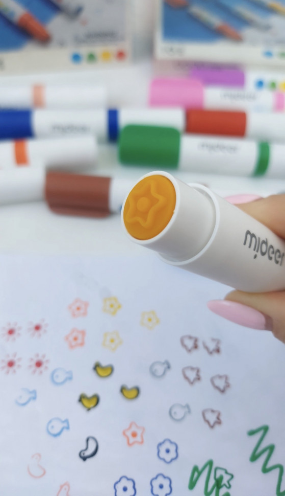 Двосторонні маркери-штампи з круглим кінцем на 12 кольорів mideer